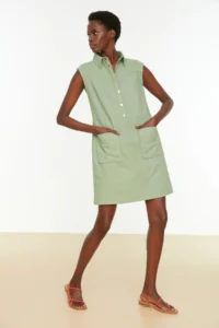 TRENDYOLMİLLA Mint Plain Kesim with pocket Shirt Collar linen look Mini Weaving Dress - Image 2