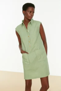 TRENDYOLMİLLA Mint Plain Kesim with pocket Shirt Collar linen look Mini Weaving Dress - Image 3