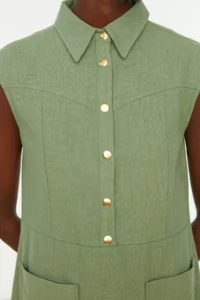 TRENDYOLMİLLA Mint Plain Kesim with pocket Shirt Collar linen look Mini Weaving Dress - Image 5
