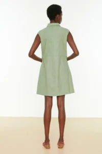TRENDYOLMİLLA Mint Plain Kesim with pocket Shirt Collar linen look Mini Weaving Dress - Image 6