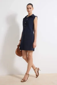 TRENDYOLMİLLA Navy Blue Plain Kesim with pocket Shirt Collar linen look Mini Weaving Dress