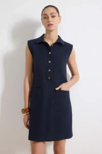 TRENDYOLMİLLA Navy Blue Plain Kesim with pocket Shirt Collar linen look Mini Weaving Dress - Image 2
