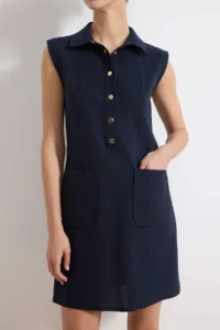 TRENDYOLMİLLA Navy Blue Plain Kesim with pocket Shirt Collar linen look Mini Weaving Dress - Image 3