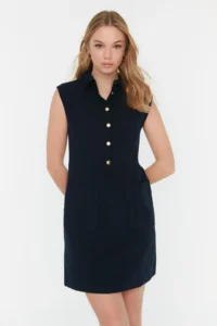 TRENDYOLMİLLA Navy Blue Plain Kesim with pocket Shirt Collar linen look Mini Weaving Dress - Image 5