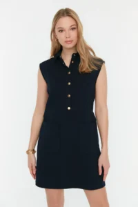TRENDYOLMİLLA Navy Blue Plain Kesim with pocket Shirt Collar linen look Mini Weaving Dress - Image 6