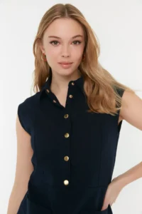 TRENDYOLMİLLA Navy Blue Plain Kesim with pocket Shirt Collar linen look Mini Weaving Dress - Image 7