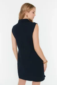 TRENDYOLMİLLA Navy Blue Plain Kesim with pocket Shirt Collar linen look Mini Weaving Dress - Image 9