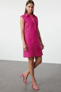 TRENDYOLMİLLA Fuchsia Plain Kesim with pocket Shirt Collar linen look Mini Weaving Dress