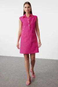TRENDYOLMİLLA Fuchsia Plain Kesim with pocket Shirt Collar linen look Mini Weaving Dress - Image 2
