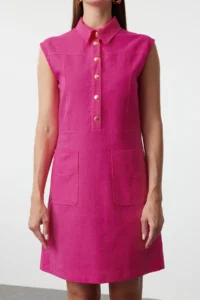 TRENDYOLMİLLA Fuchsia Plain Kesim with pocket Shirt Collar linen look Mini Weaving Dress - Image 4