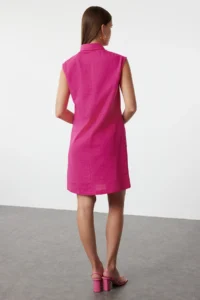TRENDYOLMİLLA Fuchsia Plain Kesim with pocket Shirt Collar linen look Mini Weaving Dress - Image 5