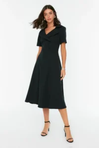 TRENDYOLMİLLA Black Button Detailed Skater/Waist Opening Midi Weaving Dress - Image 2