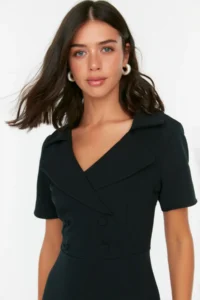 TRENDYOLMİLLA Black Button Detailed Skater/Waist Opening Midi Weaving Dress - Image 3