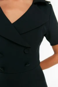 TRENDYOLMİLLA Black Button Detailed Skater/Waist Opening Midi Weaving Dress - Image 4