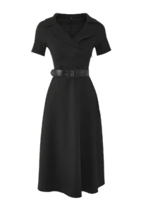 TRENDYOLMİLLA Black Button Detailed Skater/Waist Opening Midi Weaving Dress - Image 6