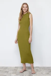 TRENDYOLMİLLA Oil Green Ruffle Detailed Ribbed Fitted Midi Flexible Knitting Pen Dress