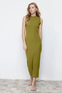 TRENDYOLMİLLA Oil Green Ruffle Detailed Ribbed Fitted Midi Flexible Knitting Pen Dress - Image 2