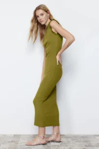 TRENDYOLMİLLA Oil Green Ruffle Detailed Ribbed Fitted Midi Flexible Knitting Pen Dress - Image 3