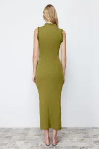 TRENDYOLMİLLA Oil Green Ruffle Detailed Ribbed Fitted Midi Flexible Knitting Pen Dress - Image 4