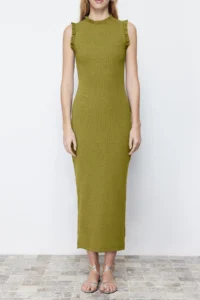 TRENDYOLMİLLA Oil Green Ruffle Detailed Ribbed Fitted Midi Flexible Knitting Pen Dress - Image 5