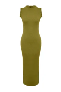 TRENDYOLMİLLA Oil Green Ruffle Detailed Ribbed Fitted Midi Flexible Knitting Pen Dress - Image 6