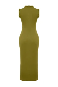 TRENDYOLMİLLA Oil Green Ruffle Detailed Ribbed Fitted Midi Flexible Knitting Pen Dress - Image 7