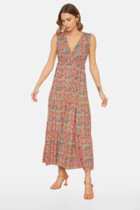 TRENDYOLMİLLA Multicolored flower patterned V-neck Sleeveless A-line Maxi Knitting Dress