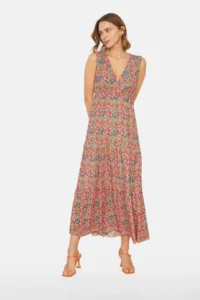 TRENDYOLMİLLA Multicolored flower patterned V-neck Sleeveless A-line Maxi Knitting Dress - Image 2