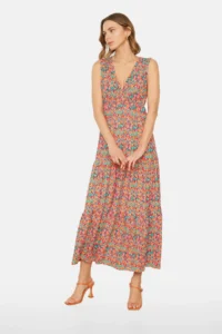 TRENDYOLMİLLA Multicolored flower patterned V-neck Sleeveless A-line Maxi Knitting Dress - Image 3