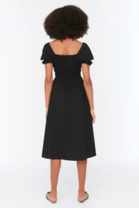 TRENDYOLMİLLA Black skater/Balloon Sleeve Lined Midi Weaving Dress - Image 6