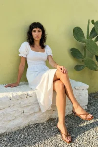 TRENDYOLMİLLA White skater/Balloon Sleeve Lined Midi Lined Weaving Dress