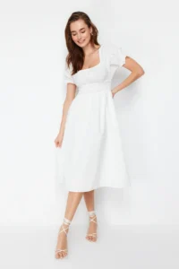 TRENDYOLMİLLA White skater/Balloon Sleeve Lined Midi Lined Weaving Dress - Image 2