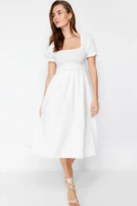 TRENDYOLMİLLA White skater/Balloon Sleeve Lined Midi Lined Weaving Dress - Image 4