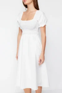 TRENDYOLMİLLA White skater/Balloon Sleeve Lined Midi Lined Weaving Dress - Image 5