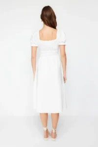 TRENDYOLMİLLA White skater/Balloon Sleeve Lined Midi Lined Weaving Dress - Image 7