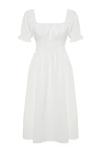 TRENDYOLMİLLA White skater/Balloon Sleeve Lined Midi Lined Weaving Dress - Image 8