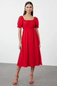 TRENDYOLMİLLA Rejection Balloon Sleeve Lined Midi Weaving Dress - Image 2
