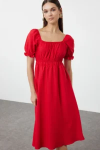 TRENDYOLMİLLA Rejection Balloon Sleeve Lined Midi Weaving Dress - Image 3