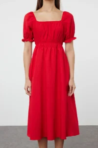 TRENDYOLMİLLA Rejection Balloon Sleeve Lined Midi Weaving Dress - Image 5