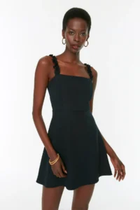 TRENDYOLMİLLA Black A Cut Square Neck Strap Detailed Mini Weaving Dress - Image 2