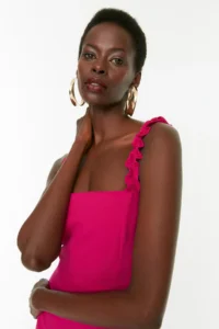 TRENDYOLMİLLA Fuchsia A Cut Square Neck Strap Detailed Mini Weaving Dress - Image 2