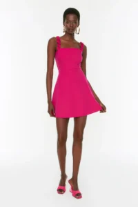 TRENDYOLMİLLA Fuchsia A Cut Square Neck Strap Detailed Mini Weaving Dress - Image 5