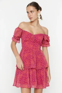 TRENDYOLMİLLA Multicolored Floral Skirt with flywheel skater/Waist Opening Siphon Mini Lined Weaving Dress - Image 4