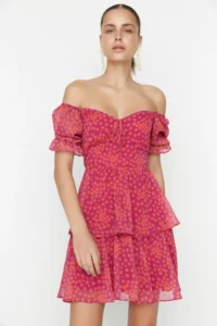 TRENDYOLMİLLA Multicolored Floral Skirt with flywheel skater/Waist Opening Siphon Mini Lined Weaving Dress - Image 5