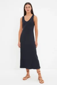 TRENDYOLMİLLA Navy Blue shift/Plain Cowl Neck Midi Knitwear look Flexible Knitting Dress