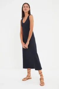 TRENDYOLMİLLA Navy Blue shift/Plain Cowl Neck Midi Knitwear look Flexible Knitting Dress - Image 2