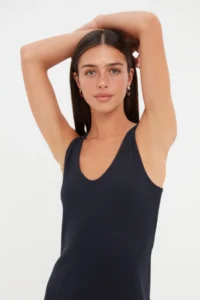 TRENDYOLMİLLA Navy Blue shift/Plain Cowl Neck Midi Knitwear look Flexible Knitting Dress - Image 3