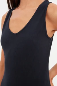 TRENDYOLMİLLA Navy Blue shift/Plain Cowl Neck Midi Knitwear look Flexible Knitting Dress - Image 4