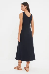 TRENDYOLMİLLA Navy Blue shift/Plain Cowl Neck Midi Knitwear look Flexible Knitting Dress - Image 5