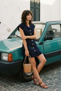 TRENDYOLMİLLA Navy Blue Button Detailed Gabardine Mini Weaving Shirt Dress